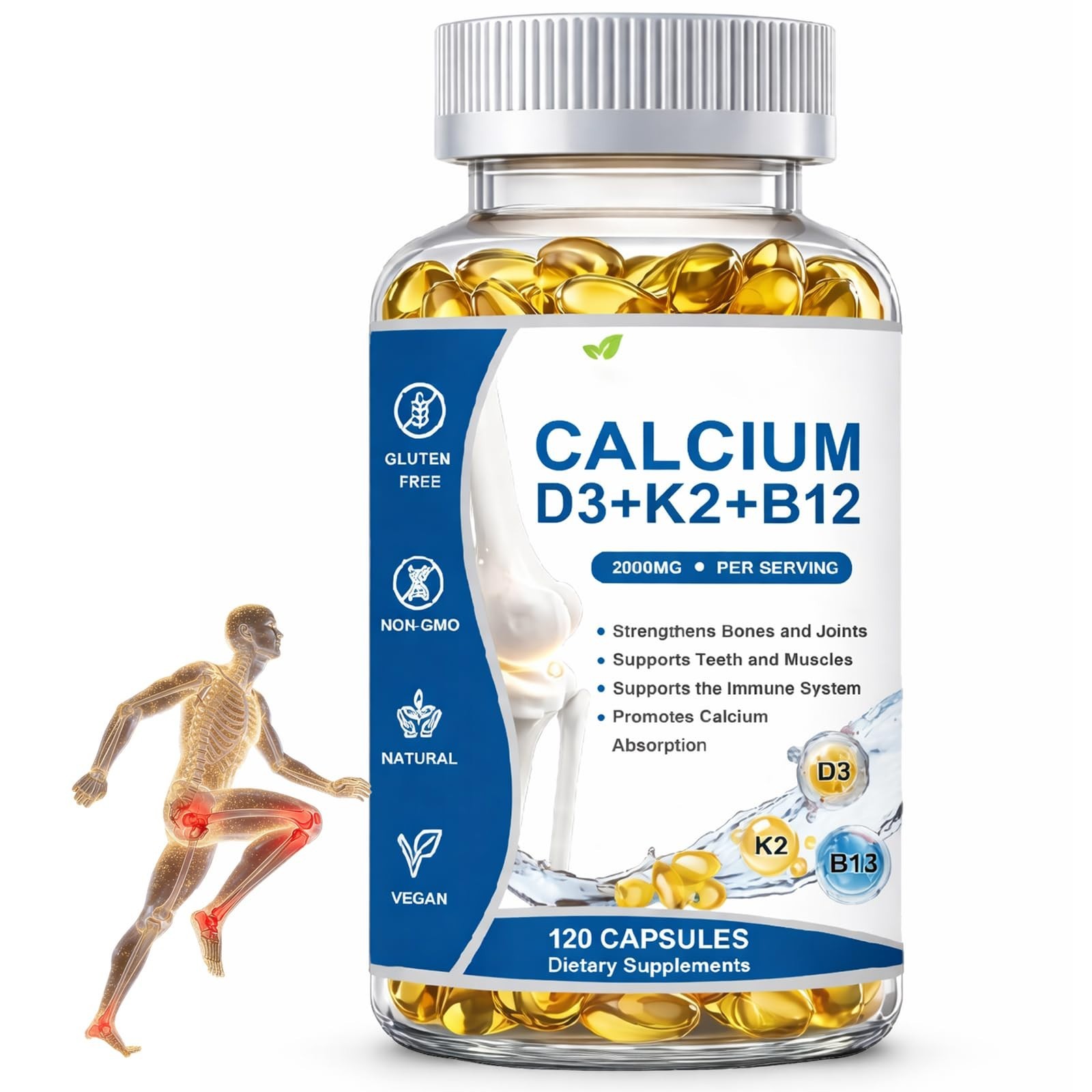 Calcium D3 K2 B12 Softgels 2000mg – Bone & Teeth Support, Energy Boost, Non-GMO,