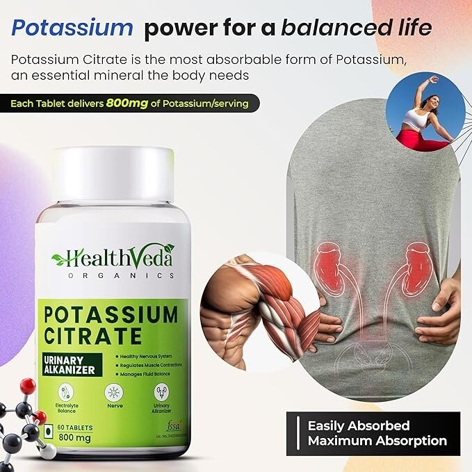 HEALTHVEDA Potassium Citrate 800 Mg 60 Veg Tablets Support Nerve Muscle Joint
