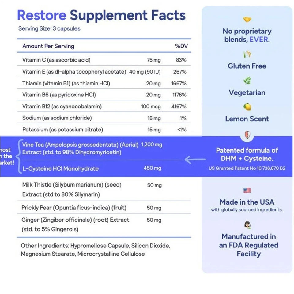 Cheers Restore Supplement w DHM + L-Cysteine After-alcohol Aid Support Your Live
