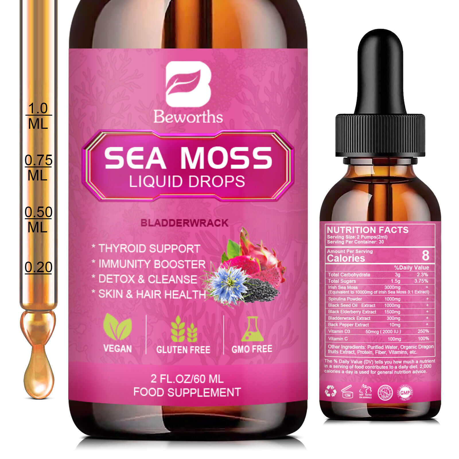 2Bottles Sea Moss Drops with Organic Soursop Supplement Liquid Drops 60ml*2