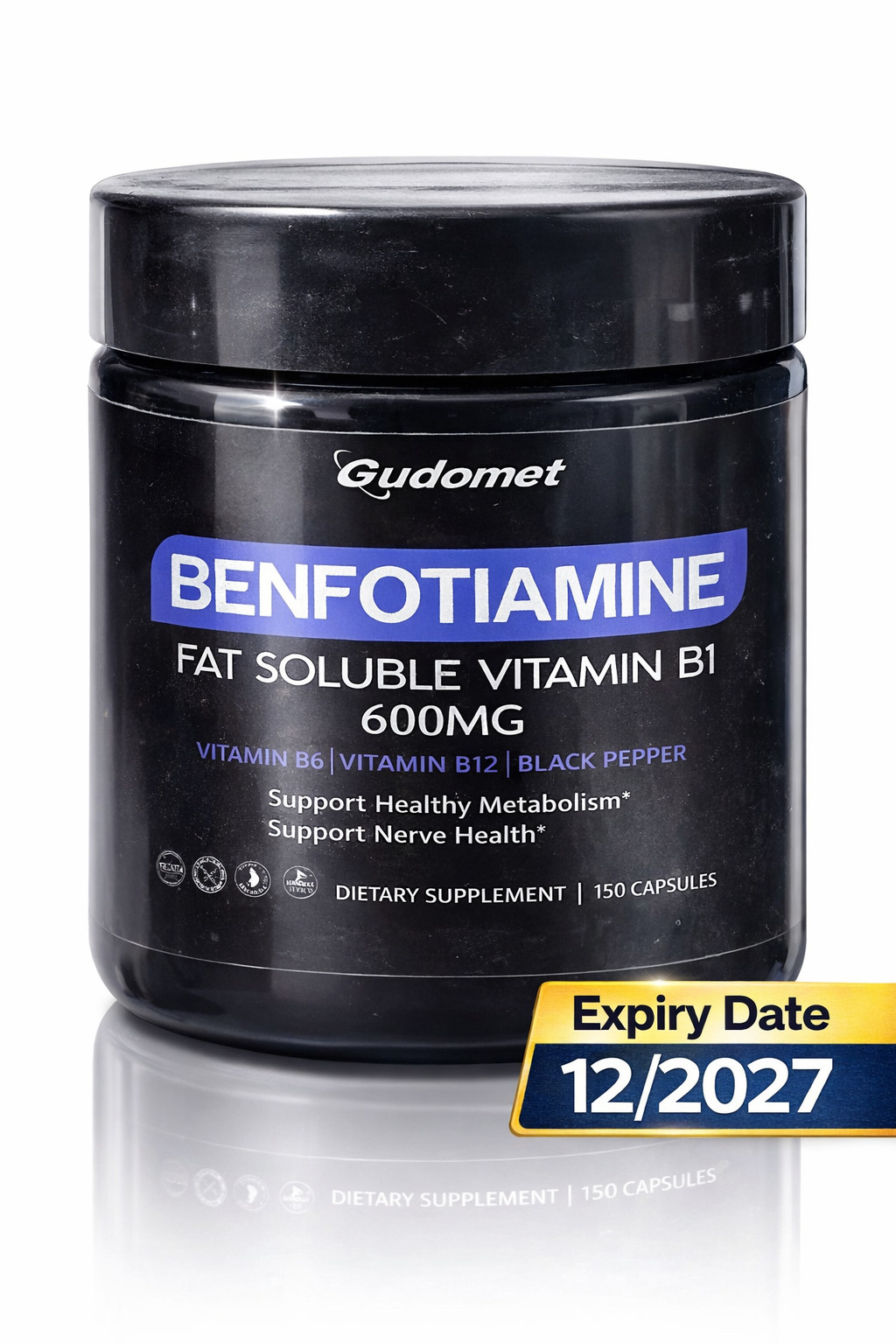 Gudomet Benfotiamine 600mg – 150 Capsules – Vitamin B1 + B6 + B12 – Exp 12/2027