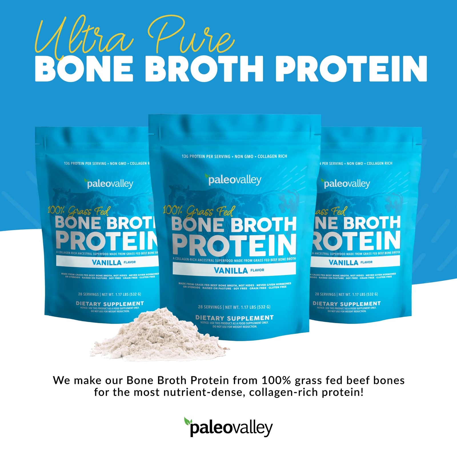 Paleovalley 100% Grass Fed Bone Broth Protein Powder – Vanilla – Rich in Coll…