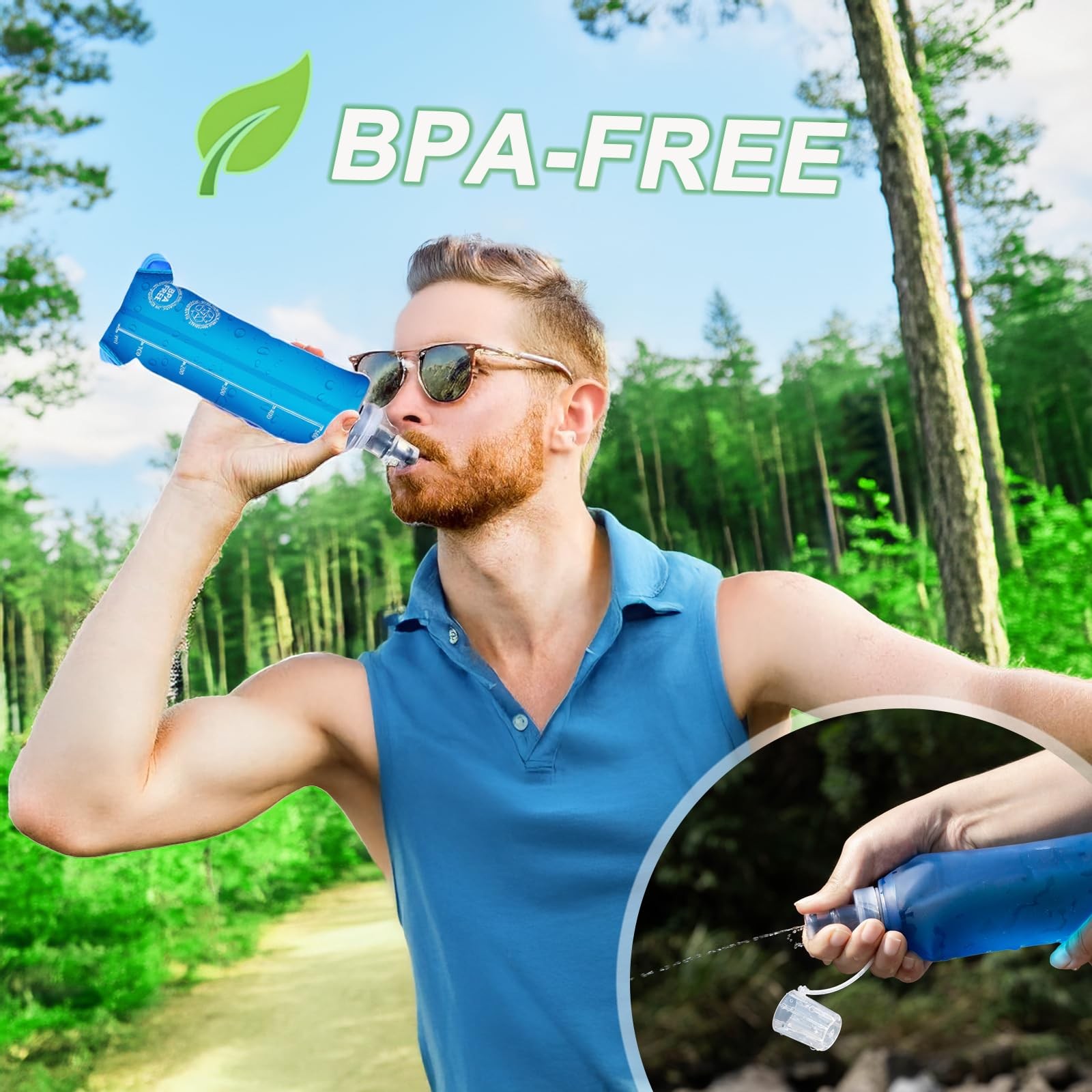 2 Pack Collapsible Water Bottle 500ml – BPA-Free Foldable Soft 500 ml, blue