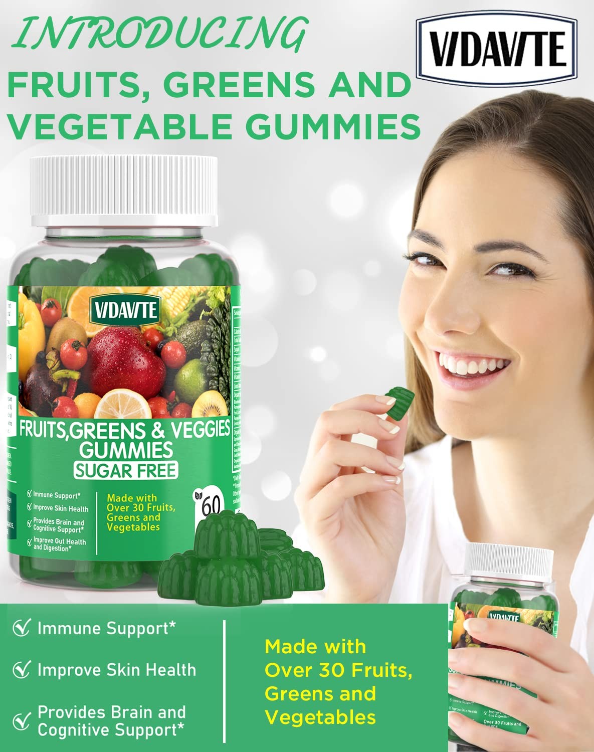 VIDAVITE Sugar-free Super Greens Gummies — 1 Count (Pack of 60), Green