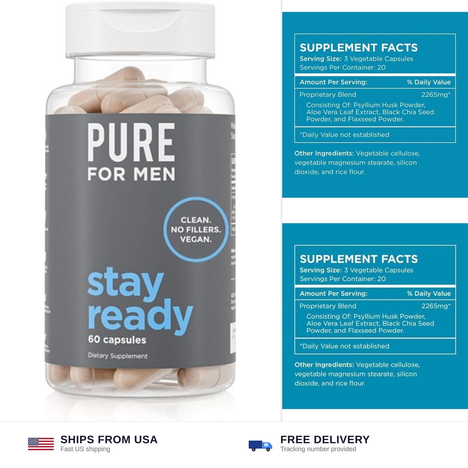 Pure for Men Stay Ready Fiber Supplement, Psyllium Husk (60 Vegan Capsules) |…
