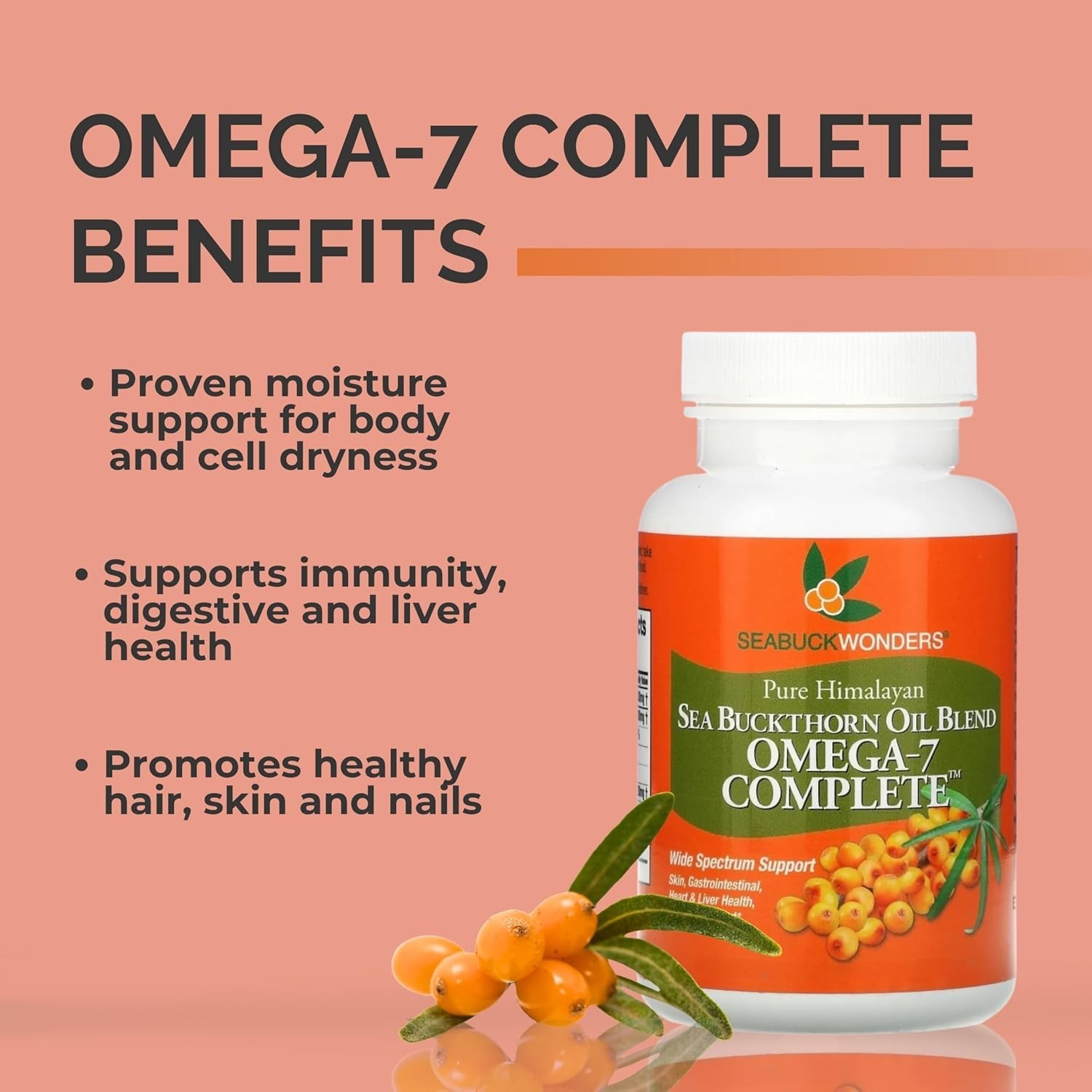 SEABUCKWONDERS Organic Sea Buckthorn Oil Omega-7 Complete, 120 Softgels, 60 Day