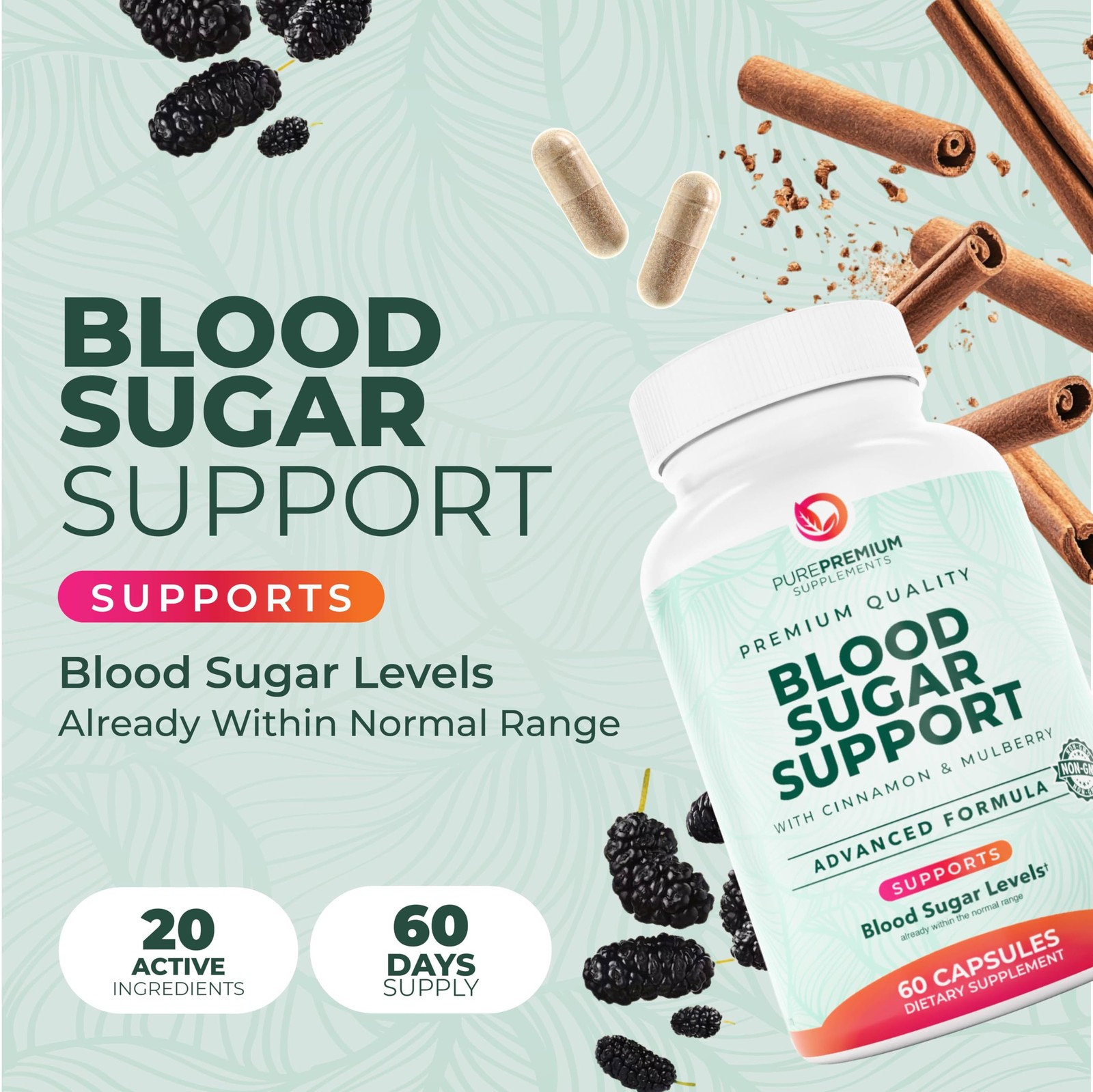 PurePremium Normal Blood Sugar Support Supplement – 20 1 Count (Pack of 60)