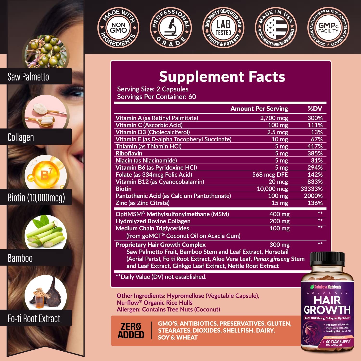 Hair Growth Vitamins Patented Women | Biotin 10000mcg Collagen designed for O…