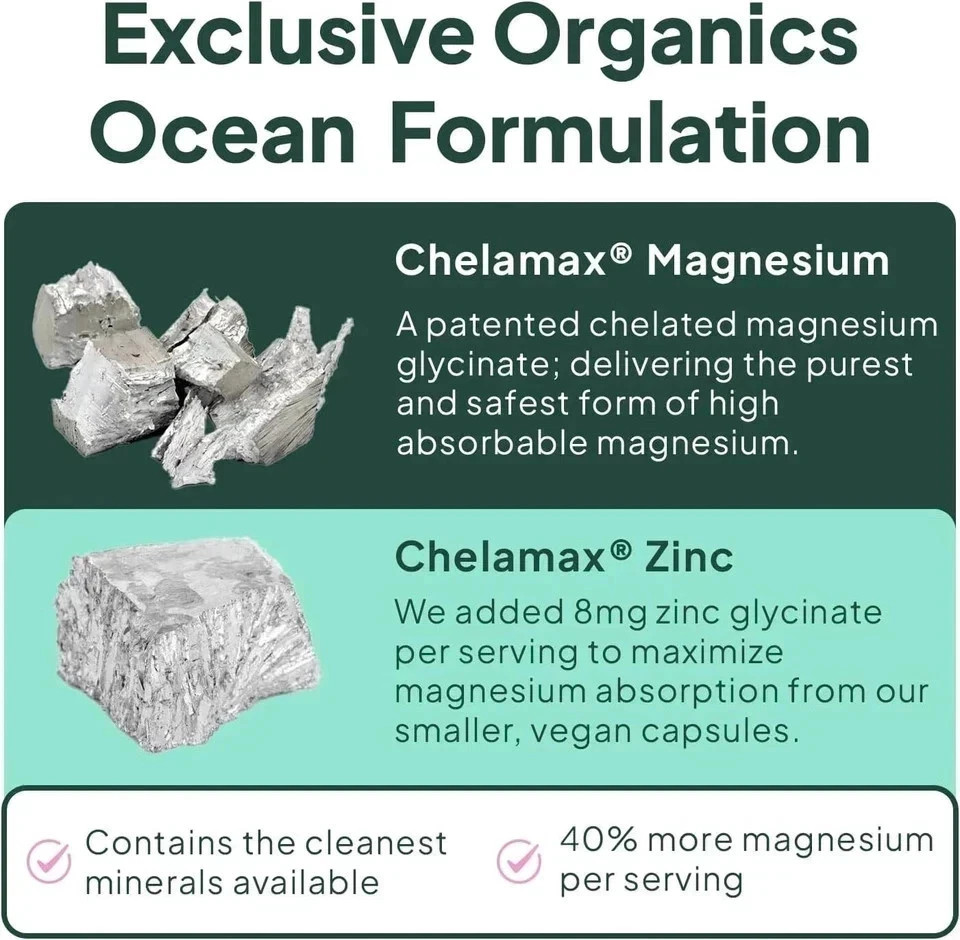 Organics Capsules Low Ocean Glycinate Pure Dose Zinc Chelated 90 Magnesium fresh