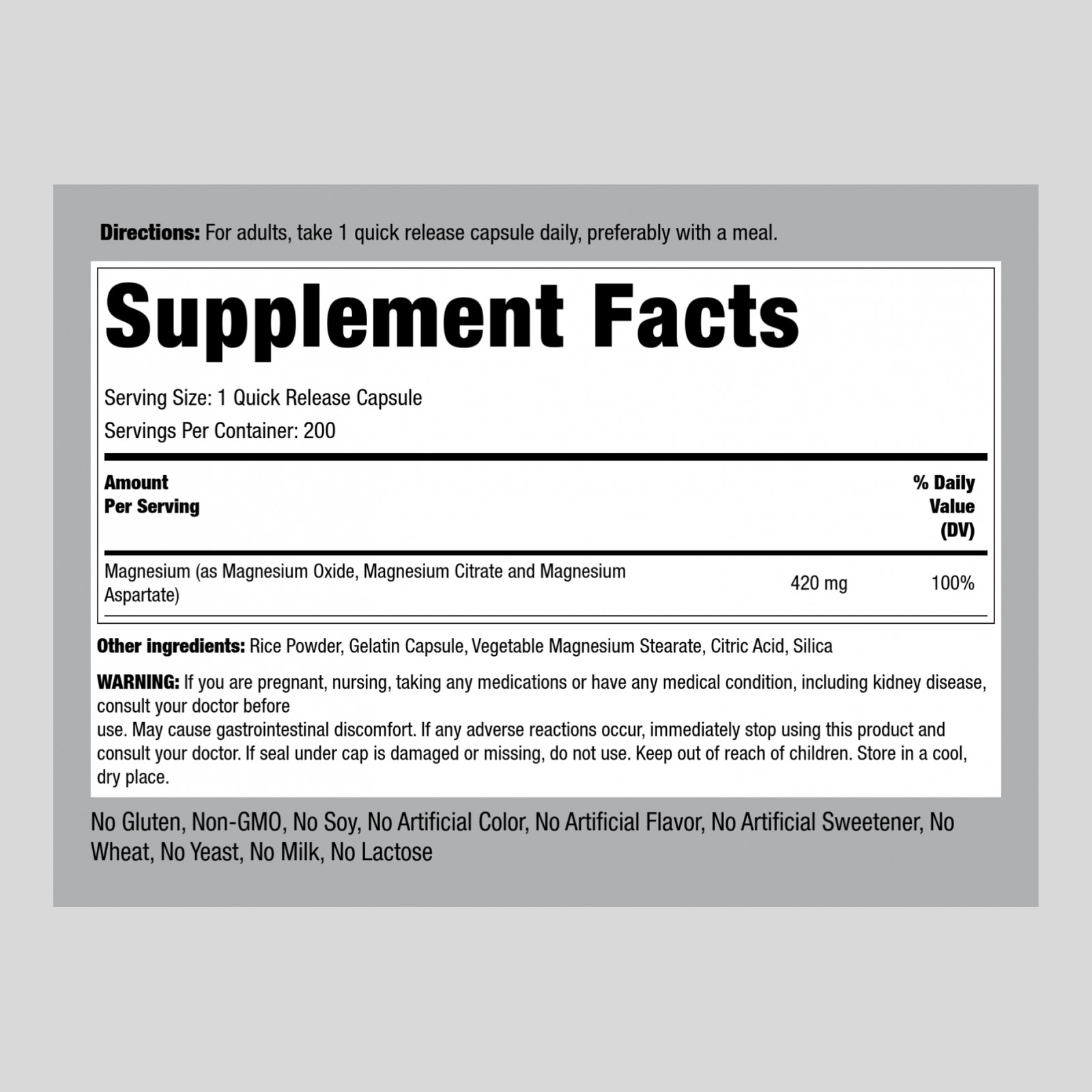 Triple Magnesium Complex | 420 mg | 200 Capsules | Non-GMO | By Piping Rock