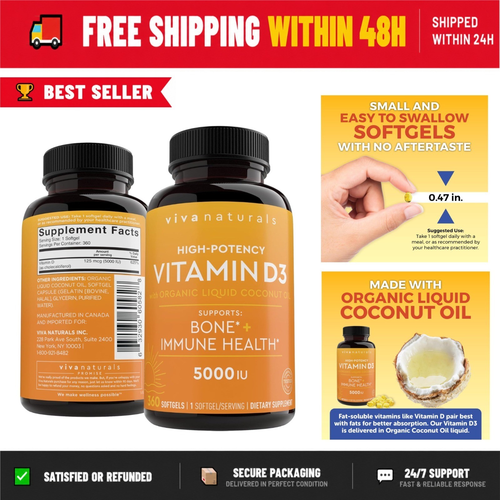 Viva Naturals Vitamin D3 5000 IU Softgels, 360 Count – Immune Support