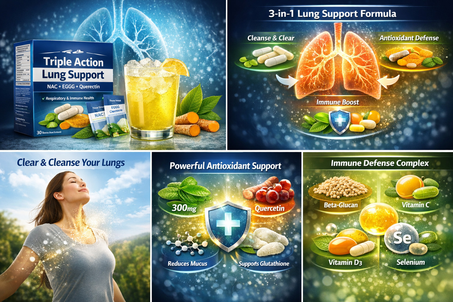 Triple Action Lung Support Powder 30 Sachets–NAC, EGCG, Quercetin, Resveratrol..