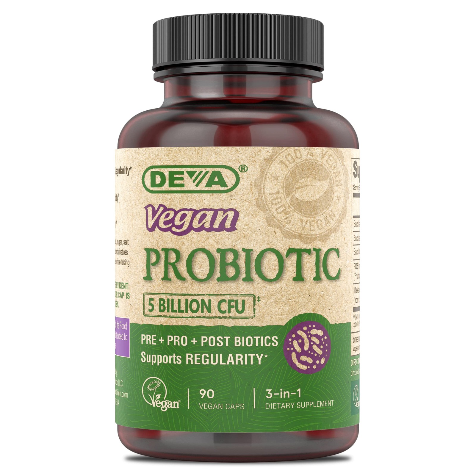 Vegan Probiotic Capsules with FOS Prebiotics 90 Count Room Temperature Stability