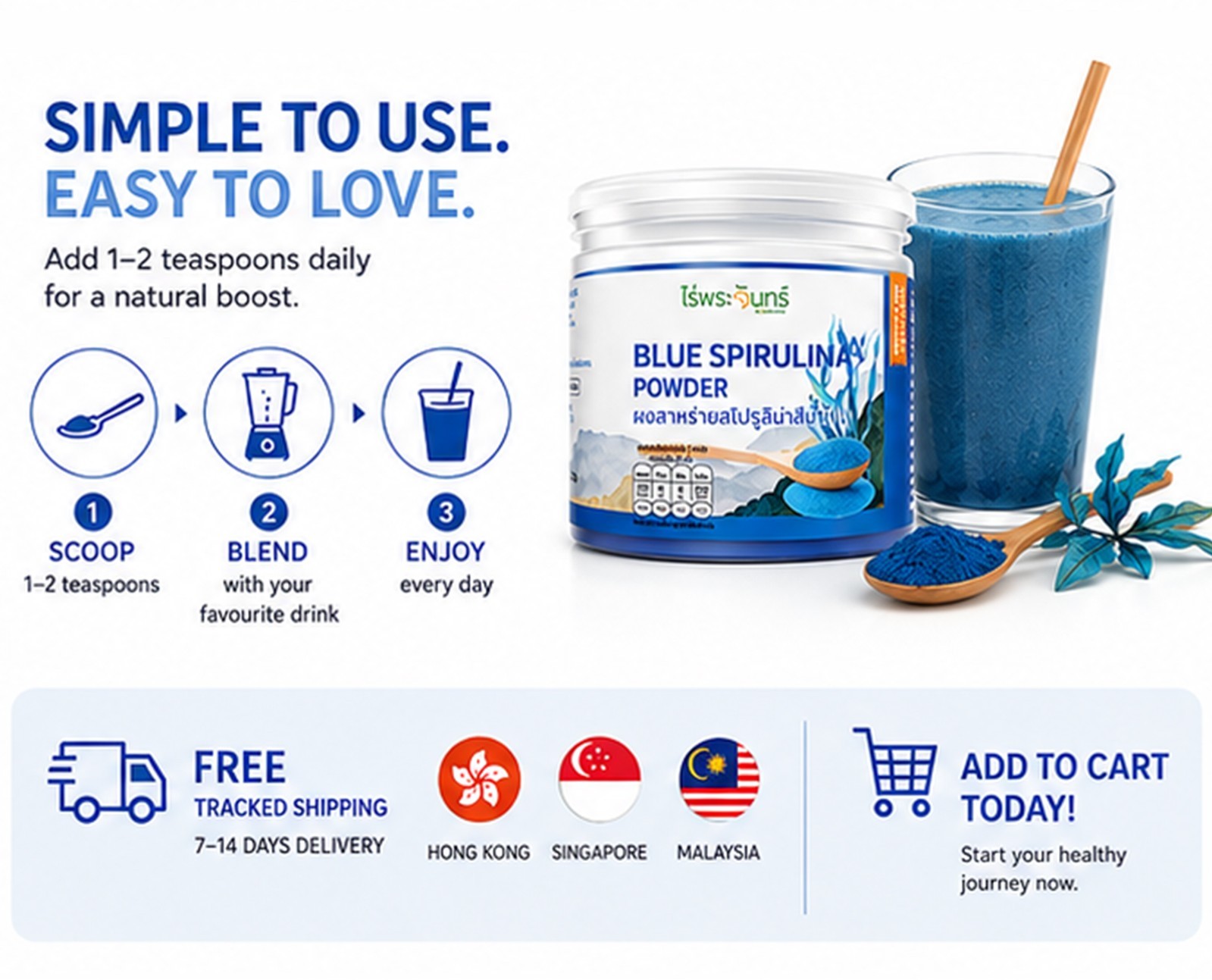 100% Pure Blue Spirulina Powder 50g Natural Food Colour Thai Superfood No Sugar