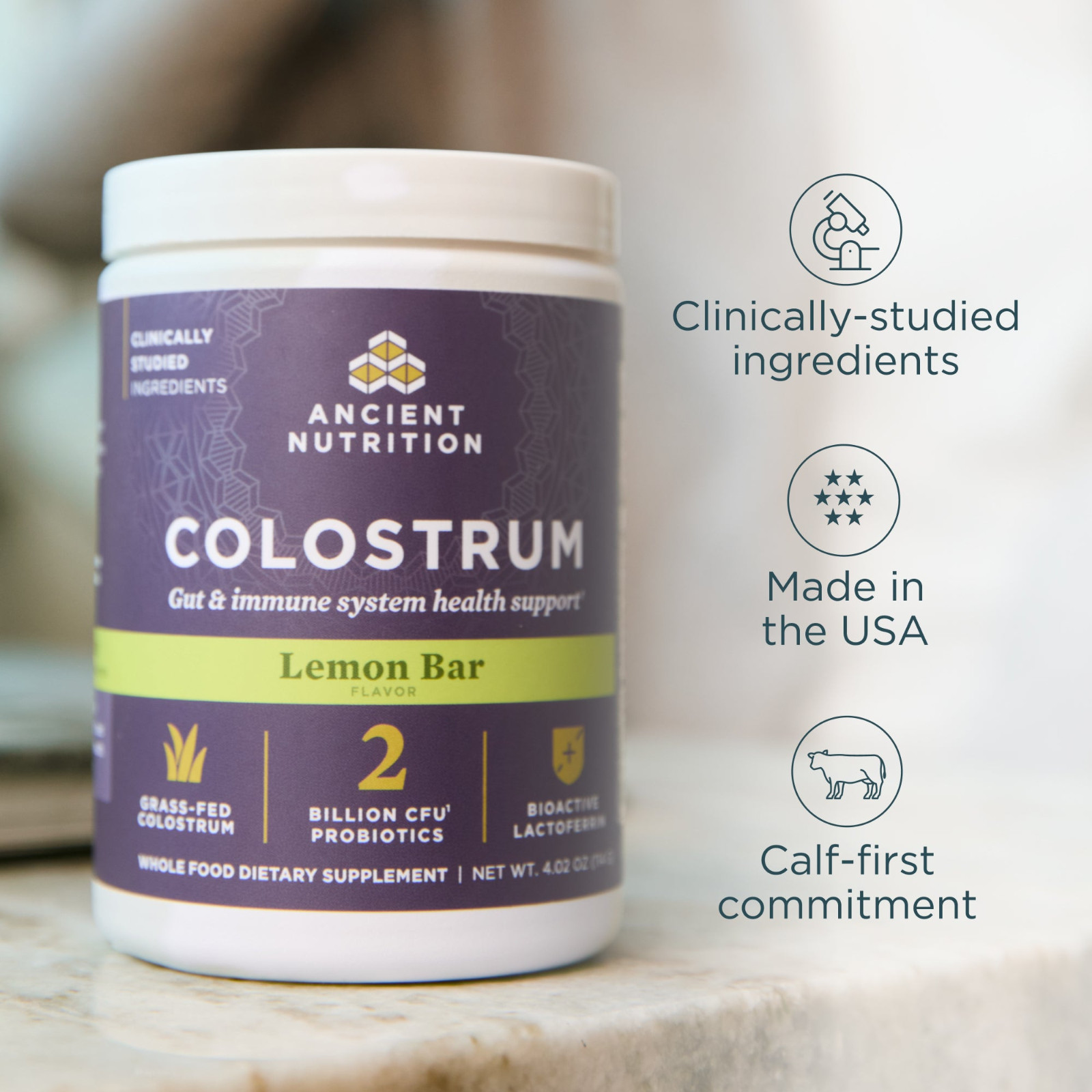 Ancient Nutrition Colostrum Powder Gut & Immune System Health Lemon Bar 4.02 oz