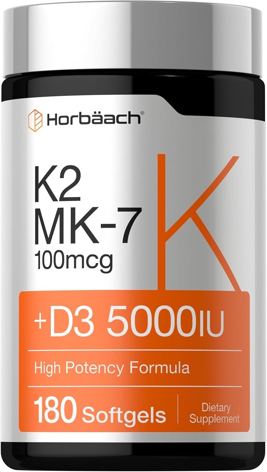 Vitamin K2 MK7 with D3 Supplement | 180 Softgels | D3 5000 IU | by Horbaach