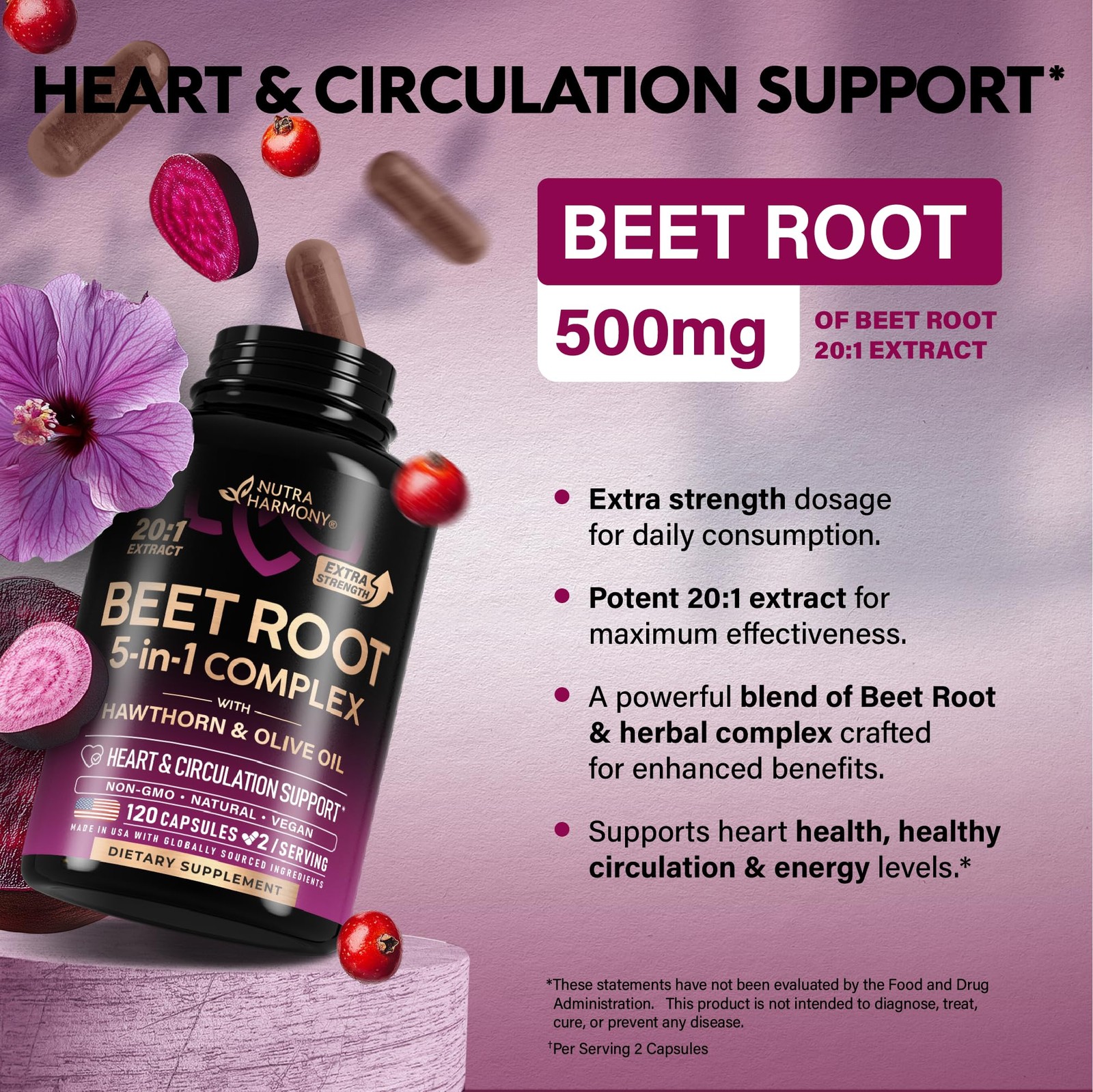 Beet Root Capsules – Healthy Blood Pressure Support 120 Count (Pack of 1)