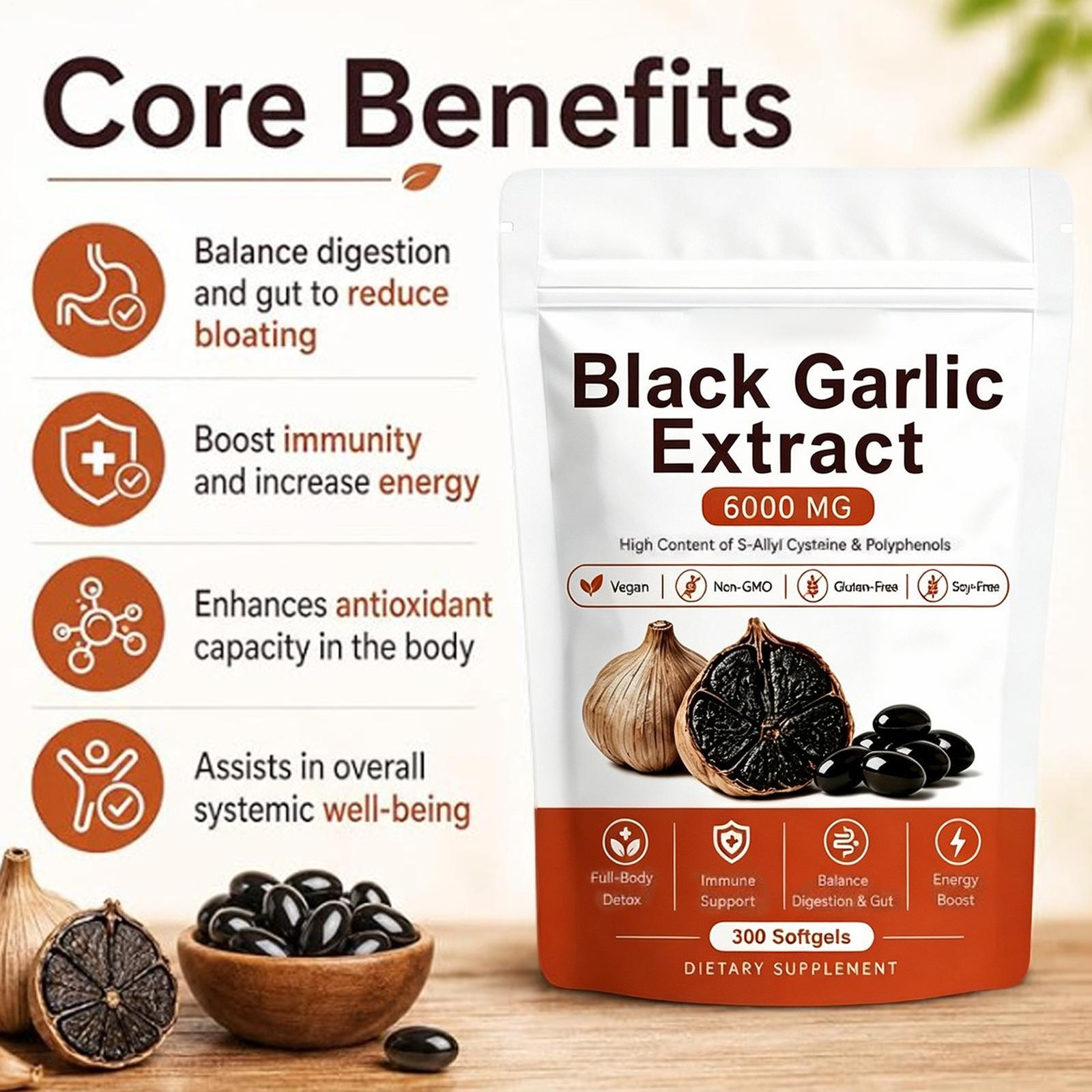 Garlic Black Extract Softgels 300ct, Odorless Vegan Non-GMO Supplement （1-2 pk）