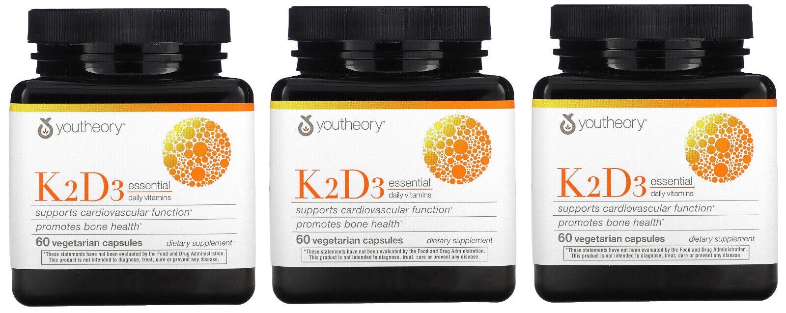 VALUE 3 PACK Youtheory K2+D3 Essential Daily Vitamins, 60 caps /ea exp 05/25+