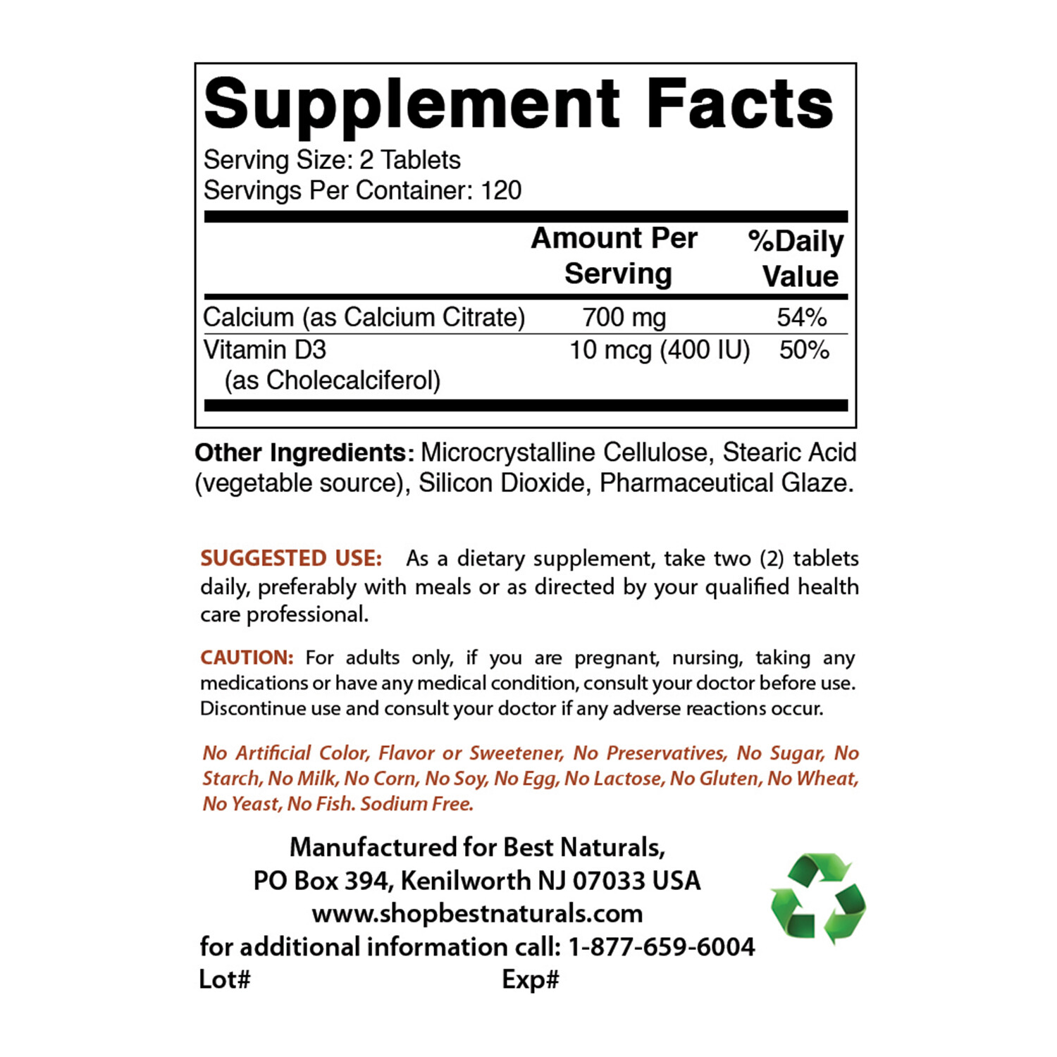 Best Naturals Calcium Citrate with Vitamin D3 240 Tablets