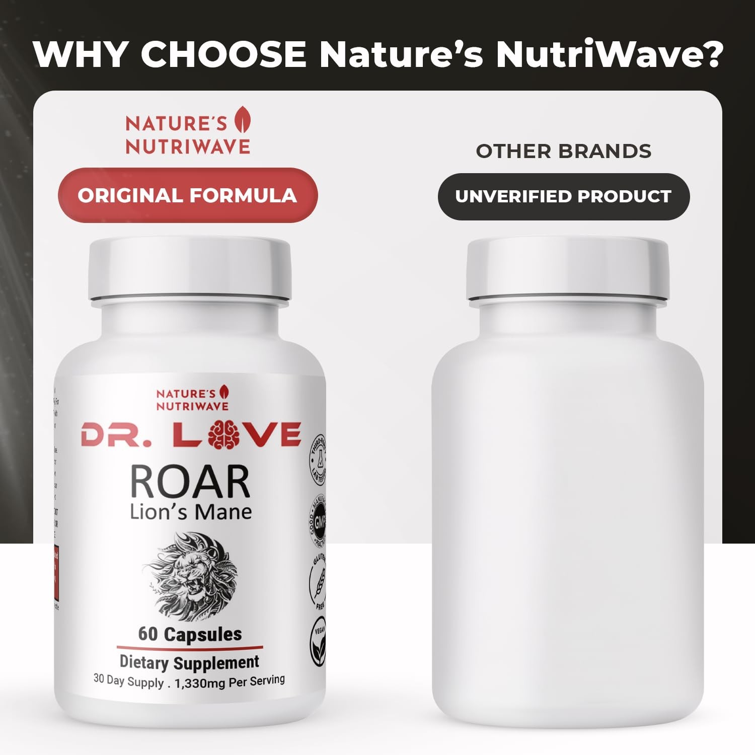 Nature’s NutriWave Dr. Love Roar Lion’s Mane Mushroom 60 Count (Pack of 1)