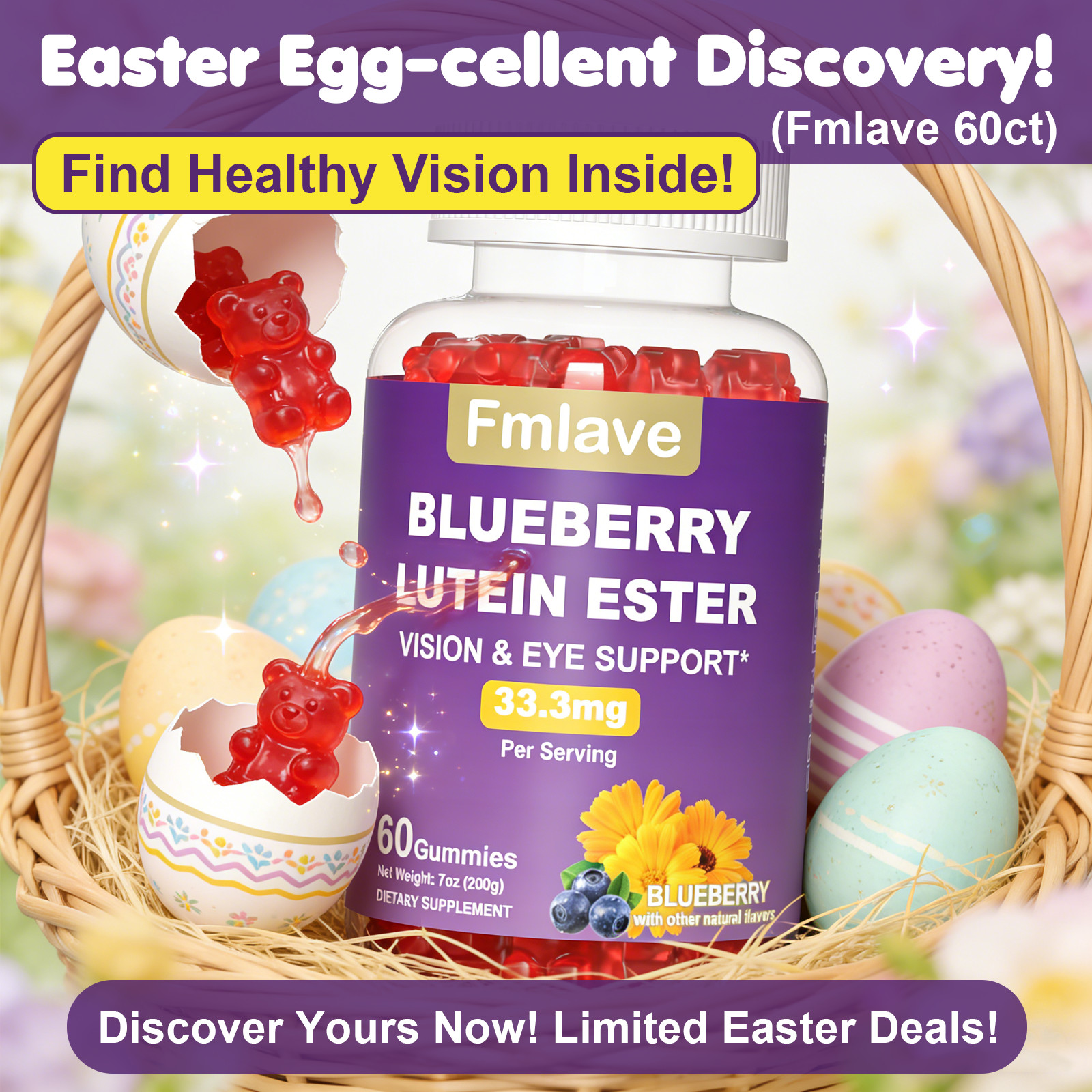 Eye Health Gummies with Lutein Ester Vision Support Relief Eye Strain 60 Gummies
