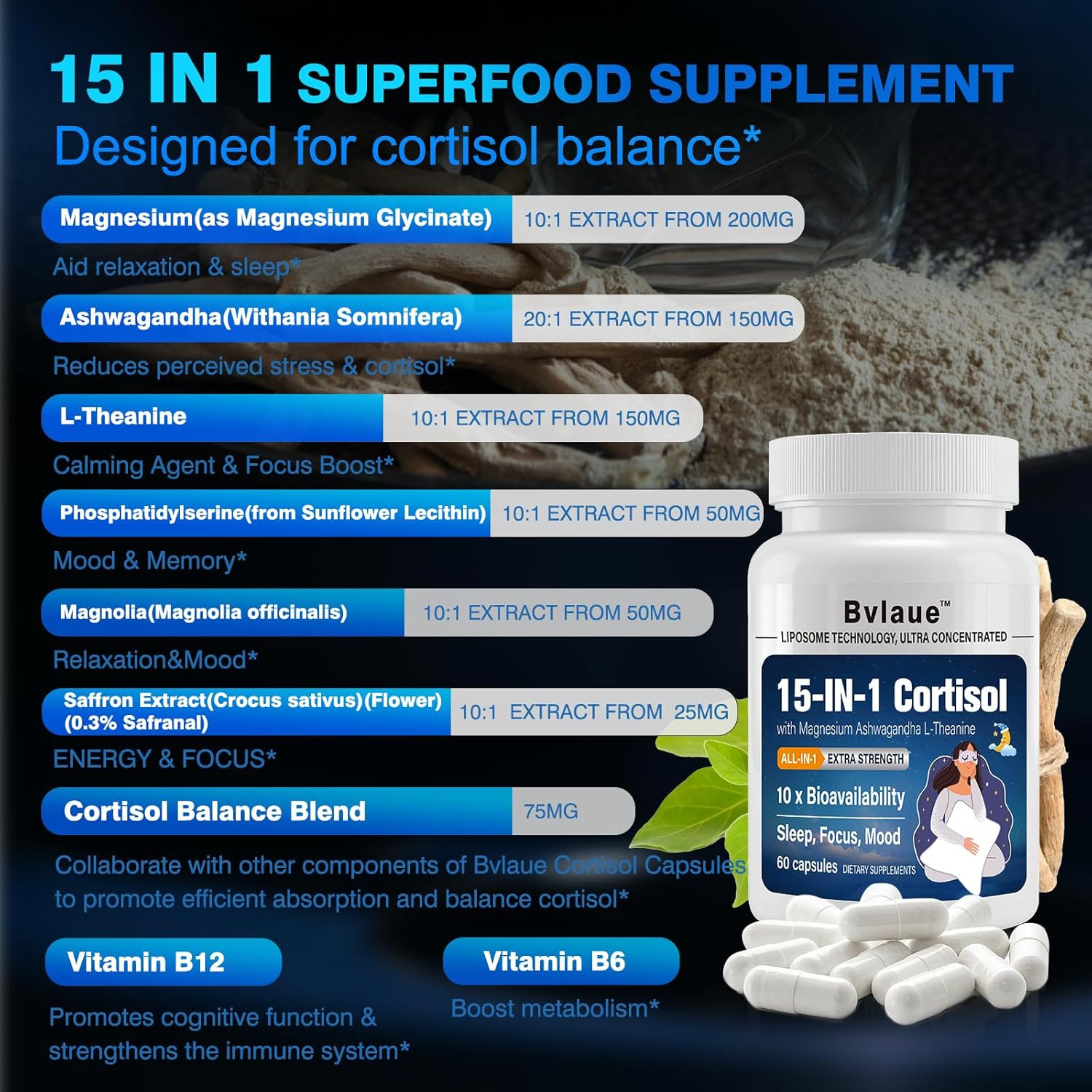 Cortisol Supplements for Women & Men – 15-in-1 Cortisol Reducer Manager Lower w/