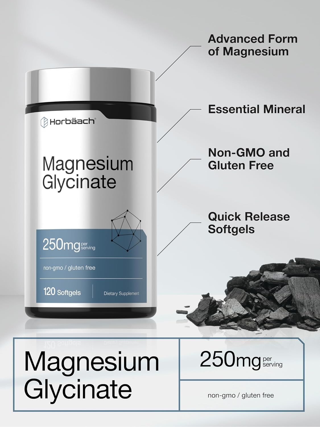 250mg Magnesium Glycinate Softgels Non GMO Gluten Free Magnesium Supplement