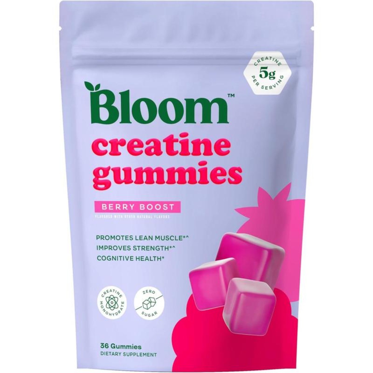Bloom Sugar Free Creatine Gummies 5g – Monohydrate for Strength,Berry,36 Gummies