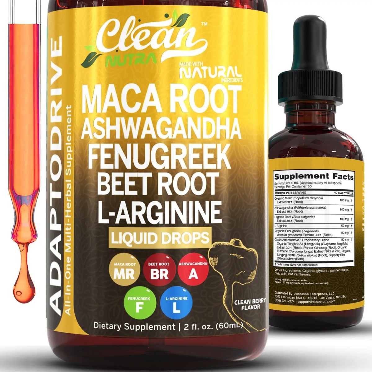 Clean Nutra AdaptoDrive Liquid Drops Maca Ashwagandha Energy Hormone Support 2oz