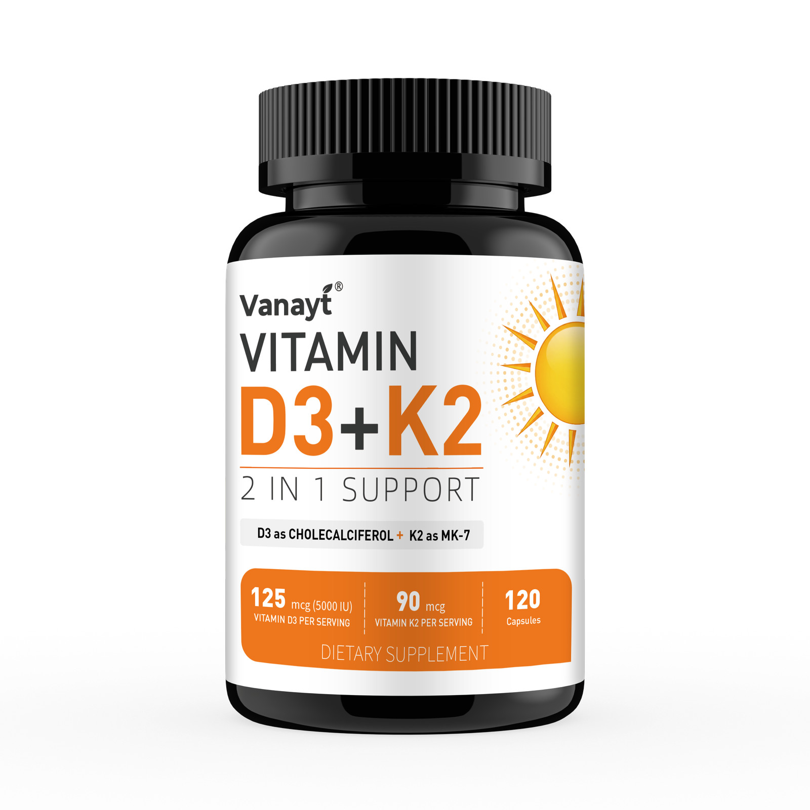 Vitamin D3 5000 IU + K2 90mcg 120 Capsules Extra Strength D3 K2 Supplements