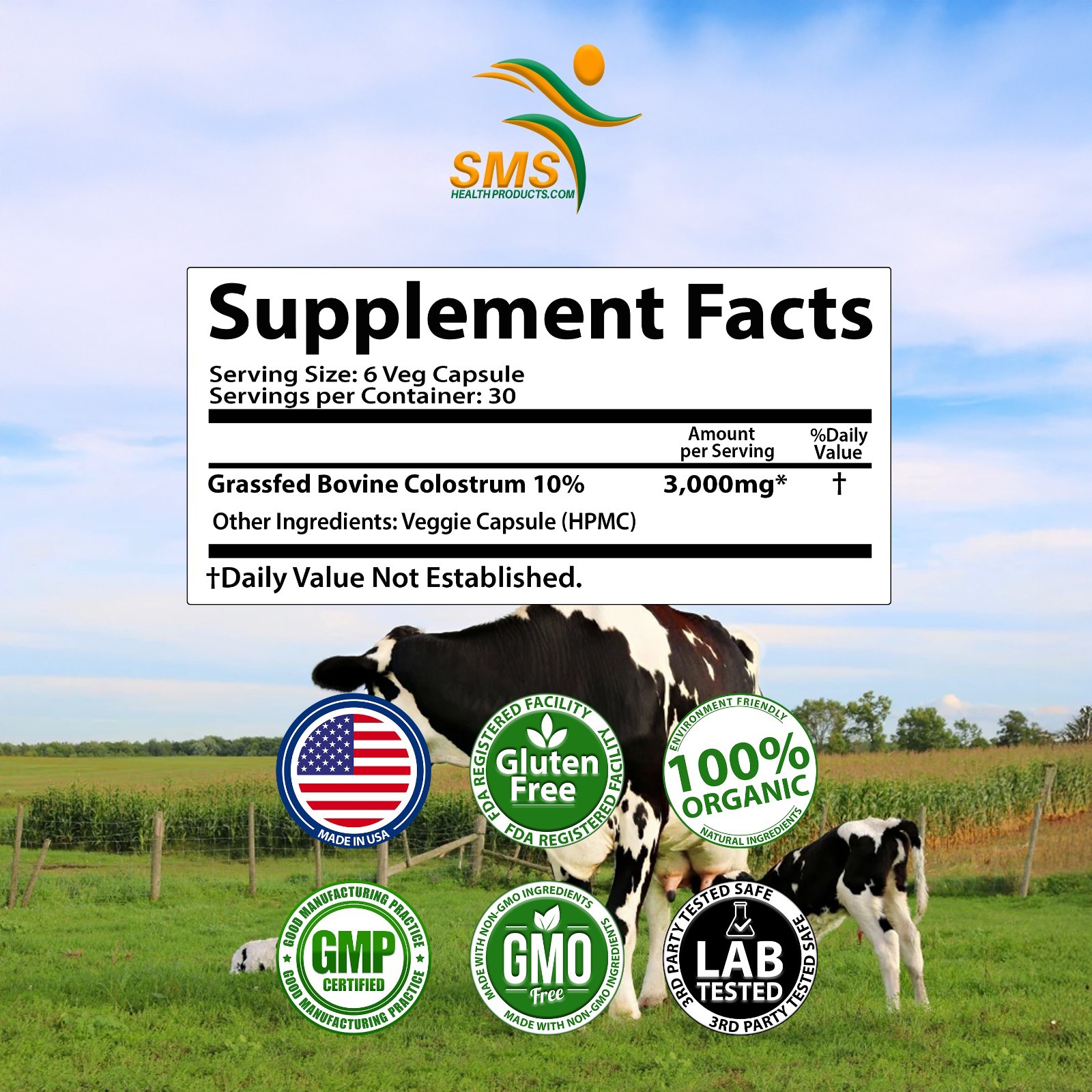 Desiccated Beef Colostrum, 100% Organic Natural GrassFed Undefatted 180 Capsules