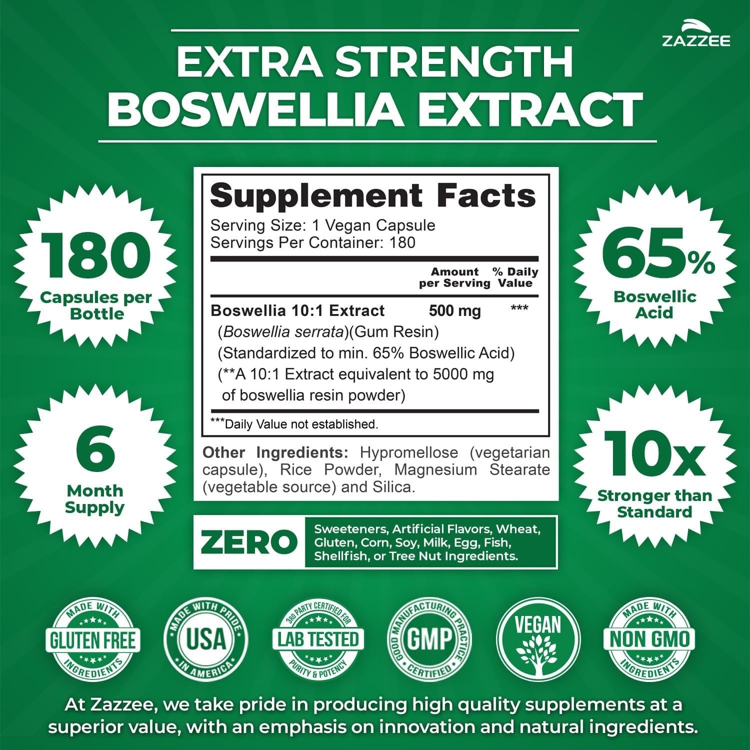 Extra Strength Boswellia 10:1 Extract, 5000 mg Strength, 180 Vegan Capsules