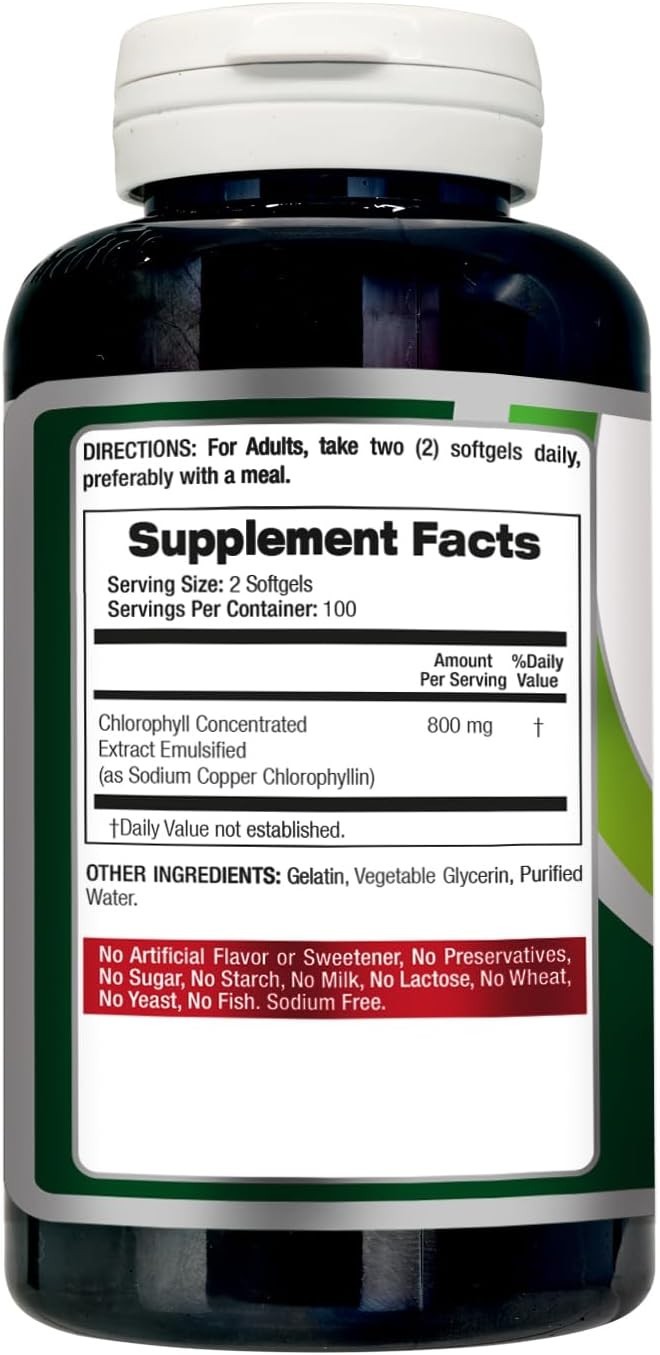 Lab – Chlorophyll – pure – 800 mg per serving- 200 Softgels – chlorophyll capsul