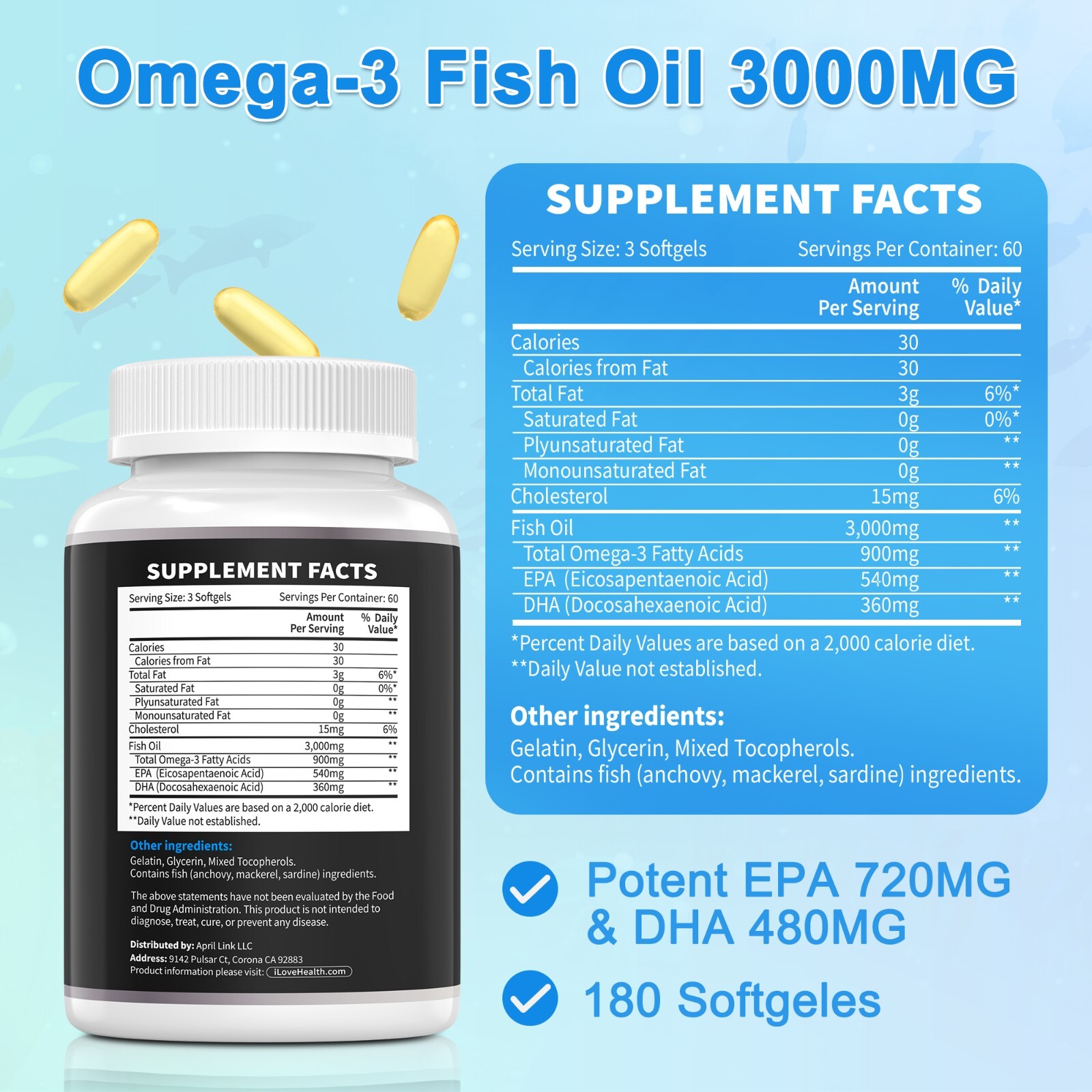 Fish Oil Softgels, 3000mg Omega-3 Fish Oil Supplement – EPA & DHA Supplement