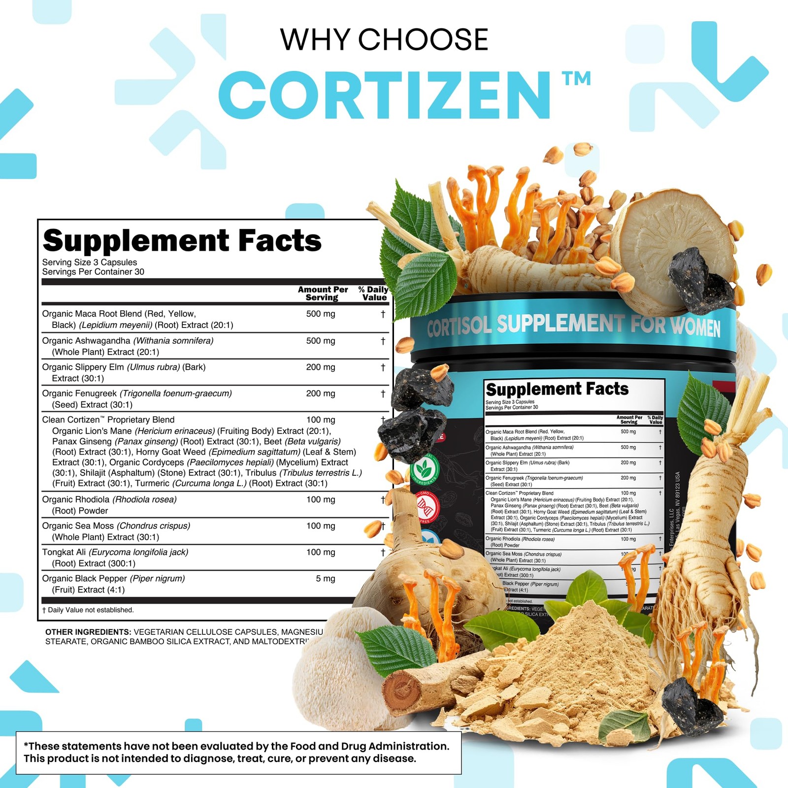Clean Nutra Cortisol Supplements For Women | 90 Count (Pack of 1), Black/Teal