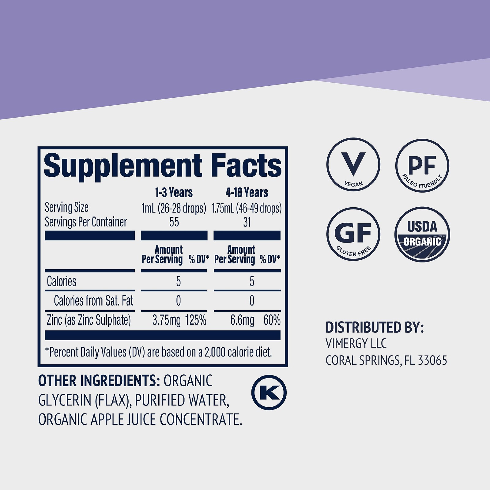 VIMERGY Kids USDA Organic Liquid Zinc Sulfate – for Children Adolescence 1-1…
