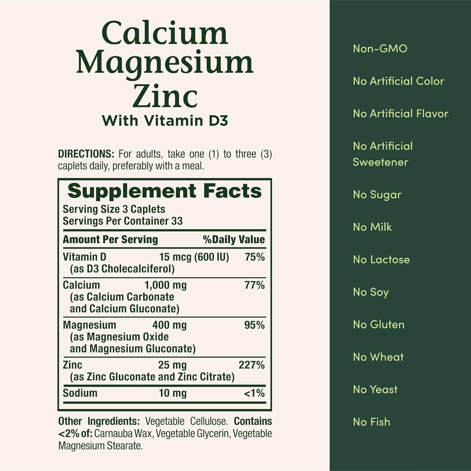 Calcium Magnesium Zinc + Vitamin D-3 – 100 Caplets, Bone Muscle Immune Support