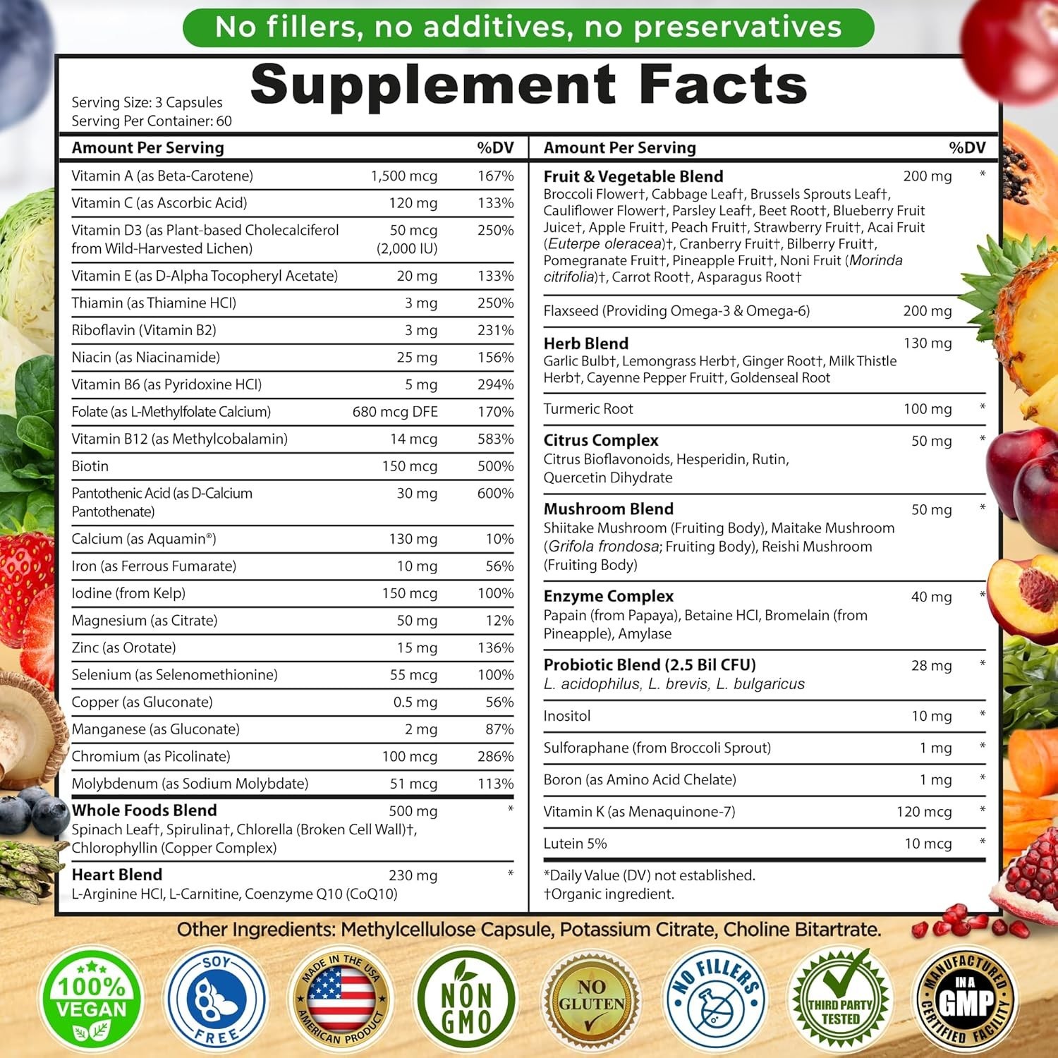 Vegan Whole Food Multivitamin w/ Iron, Probiotics, Enzymes, CoQ10, 180 Caps