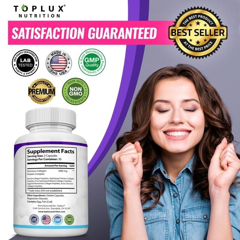 Multi Collagen Peptides 5 Types Complex 1800mg Hair Skin Nails 90 Caps