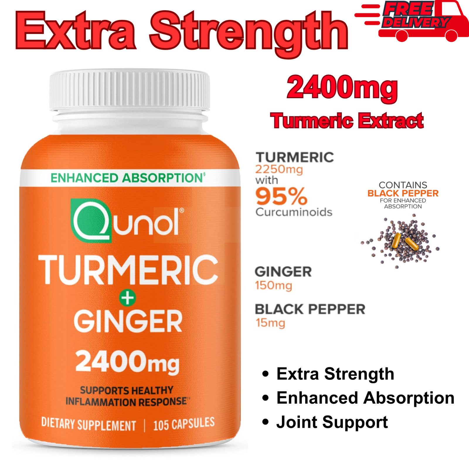 Turmeric Curcumin with Black Pepper & Ginger, 2400mg Joint Support, 105 Count