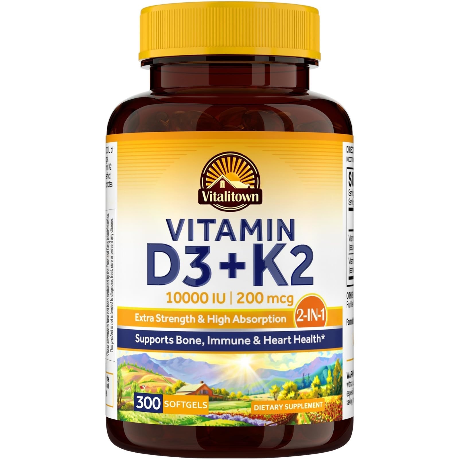 Vitalitown Vitamin D3 K2 Supplement 10000 IU 200 mcg 90 Softgels Non-GMO