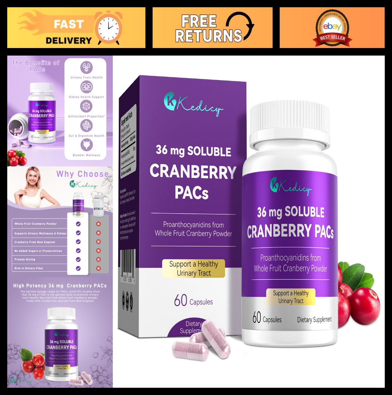Cranberry Pills for UTI Defense & Urinary Health, 36mg PACs, 60 Capsules