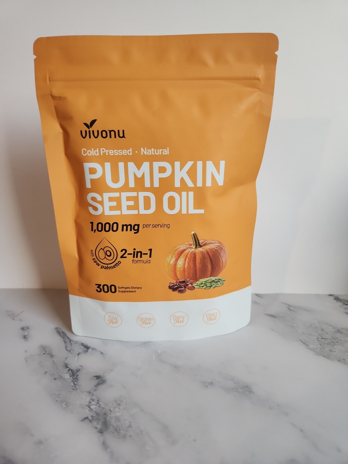 Vivonu Pumpkin Seed Oil + Saw Palmetto 300 Softgels, Cold-Pressed 1000 mg Orange