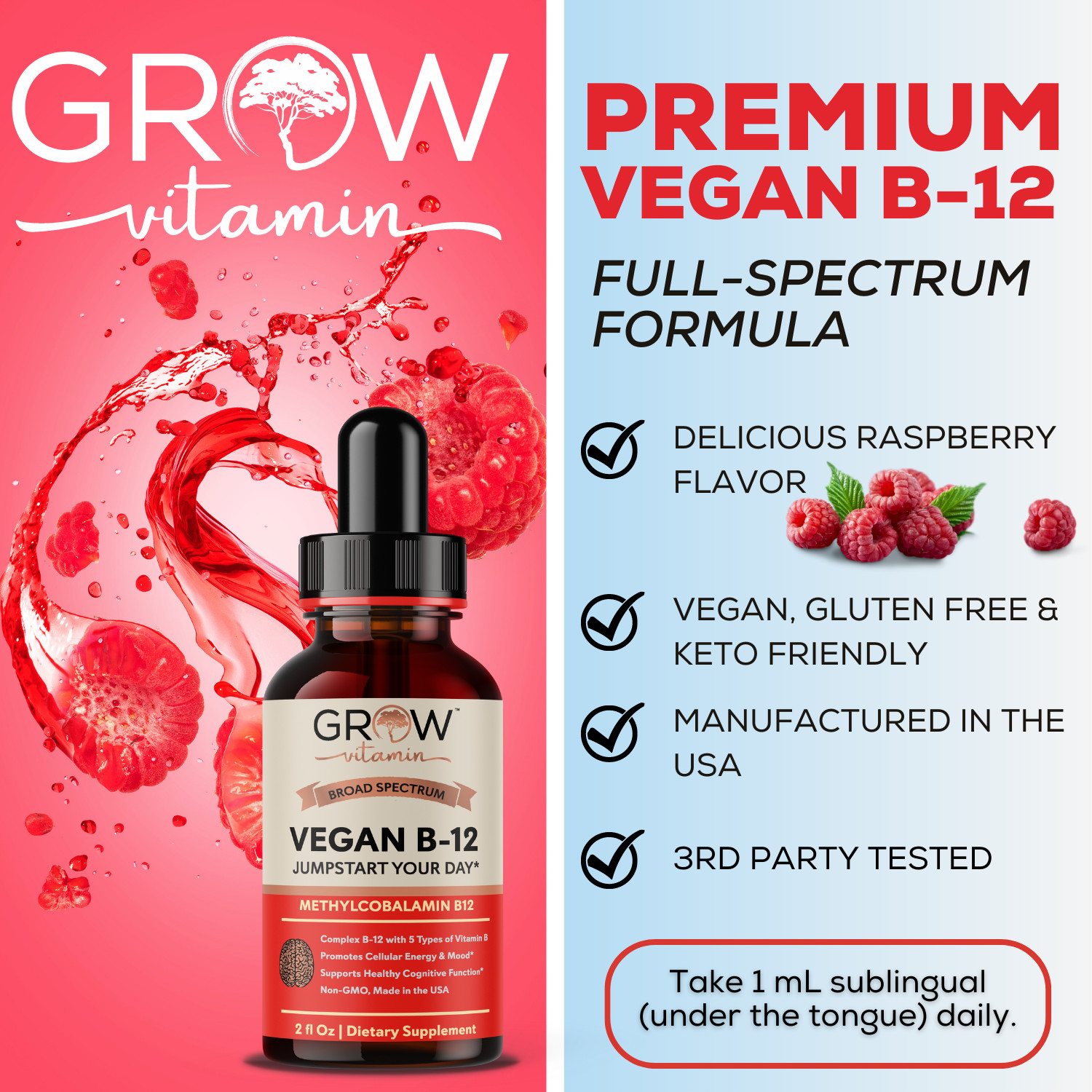 Vegan Vitamin B12 Sublingual Liquid Drops by Grow Vitamin NATURAL CHERRY FLAVOR