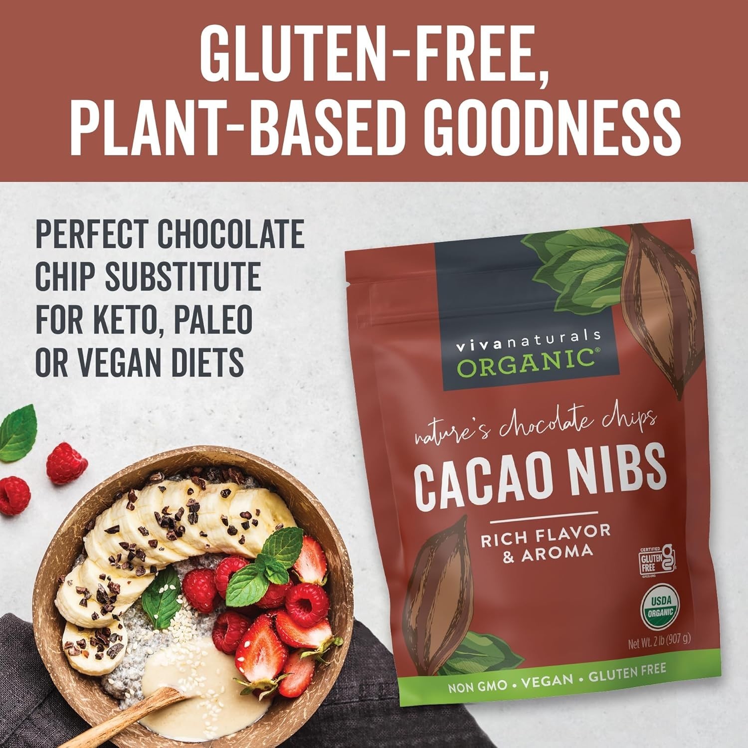 Organic Cacao Nibs, Unsweetened, 2 LB 907 g, Keto Friendly, , Non-GMO, Gluten…