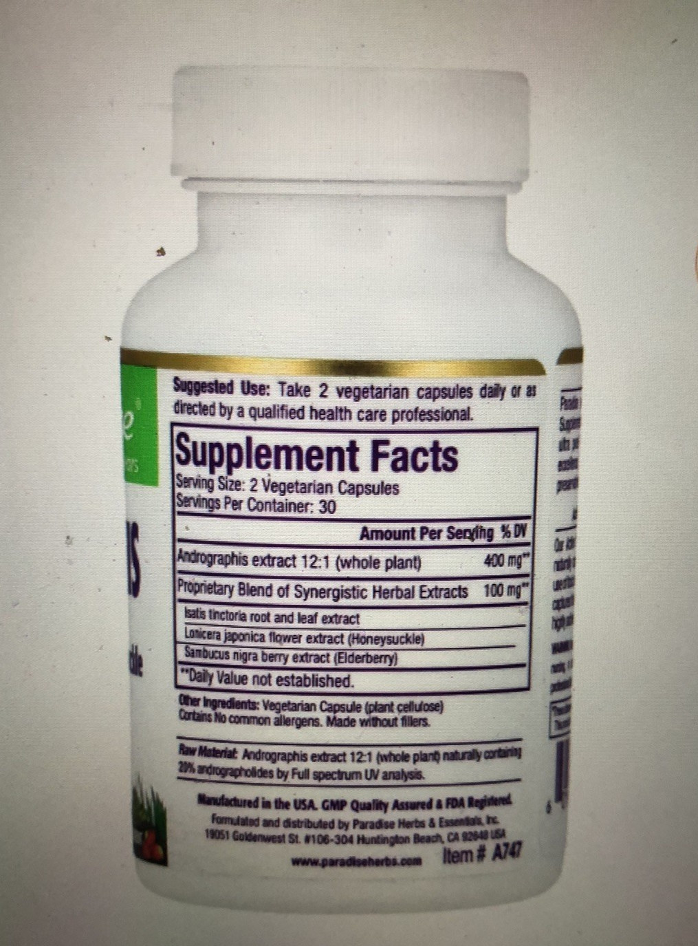 Andrographis Extract Premium Wellness Complex Buy 1 + Get 1 Free PARADISE HERBS