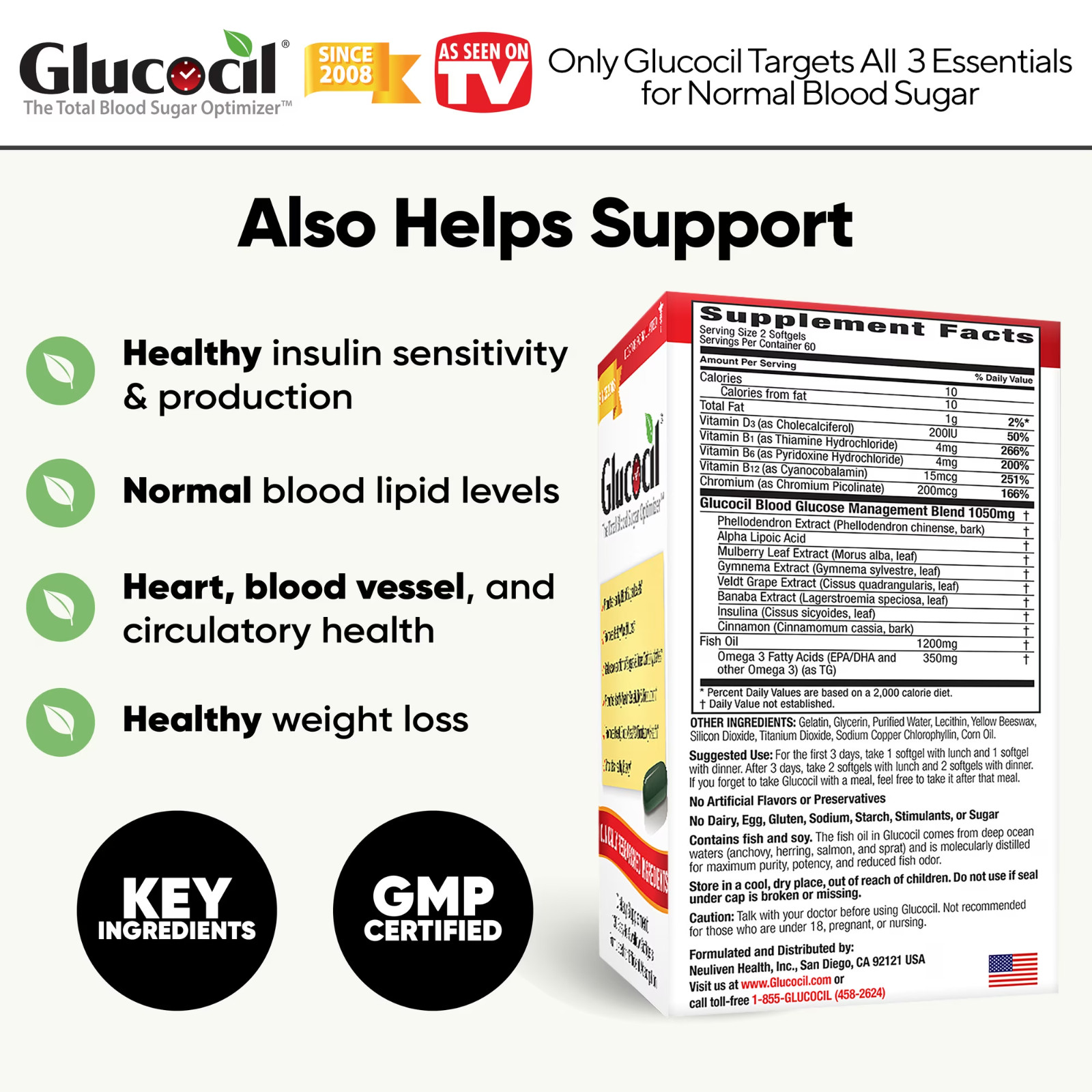 Glucocil 30-Day Supply 120CT, Premium Blood Sugar Support, 2+ Million Sold