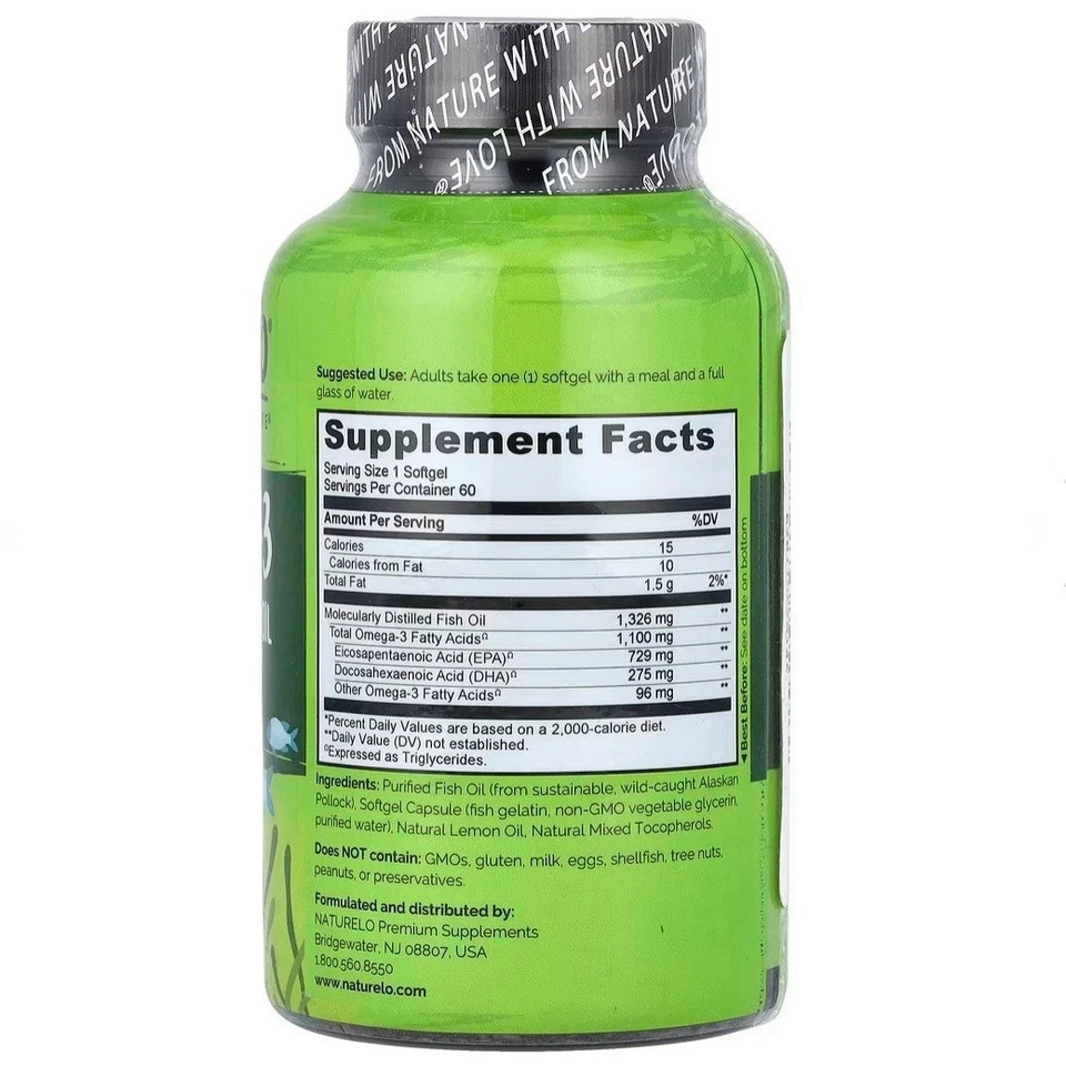Naturelo Omega-3 Triglyceride Fish Oil 60 Softgels 1100mg Burpless exp 11/26
