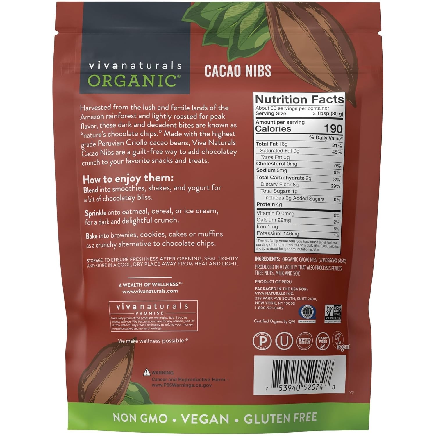 Organic Cacao Nibs, Unsweetened, 2 LB 907 g, Keto Friendly, , Non-GMO, Gluten…